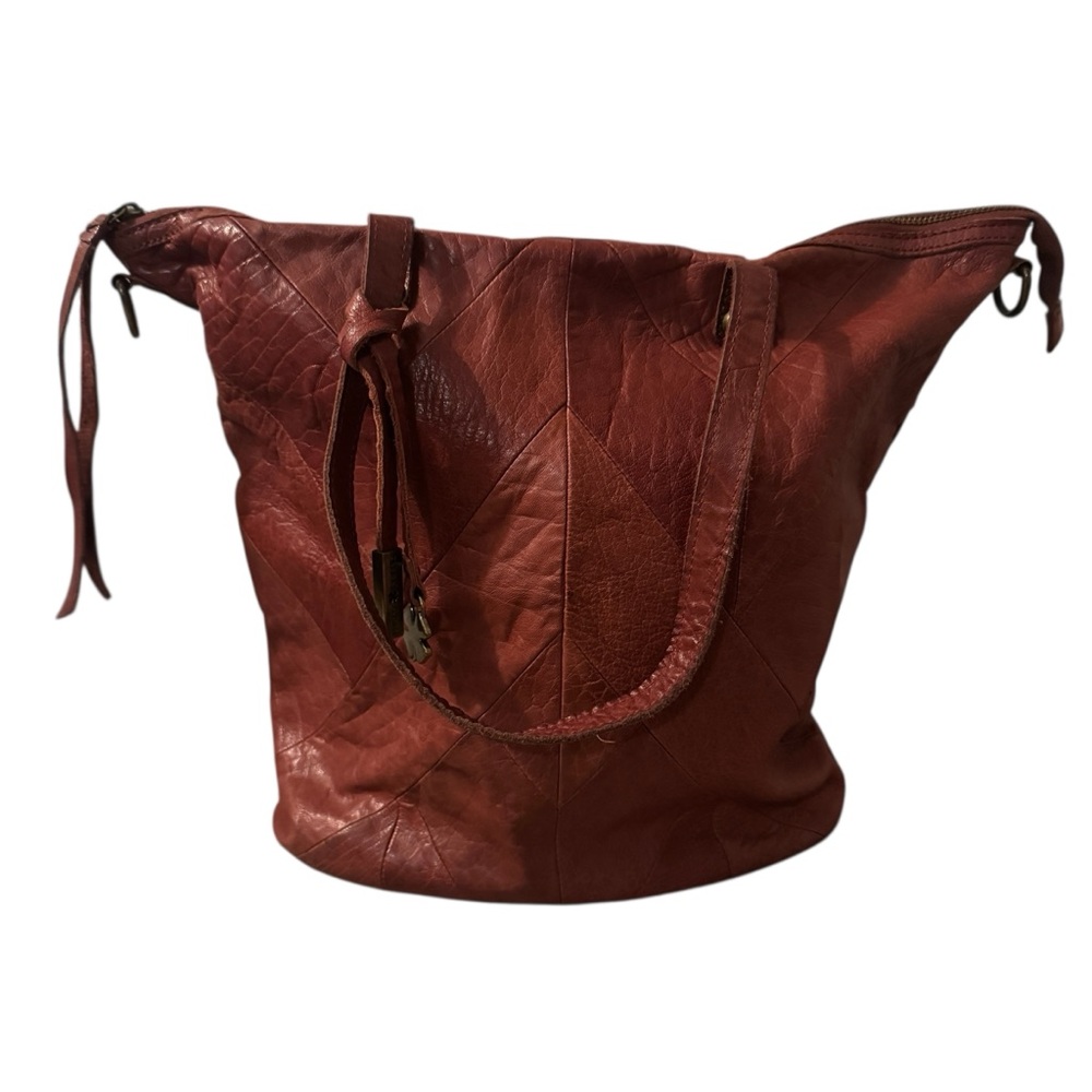 Lucky Brand Brown Leather Chevron Patchwork Slouchy Tote Bag Carryall Boho